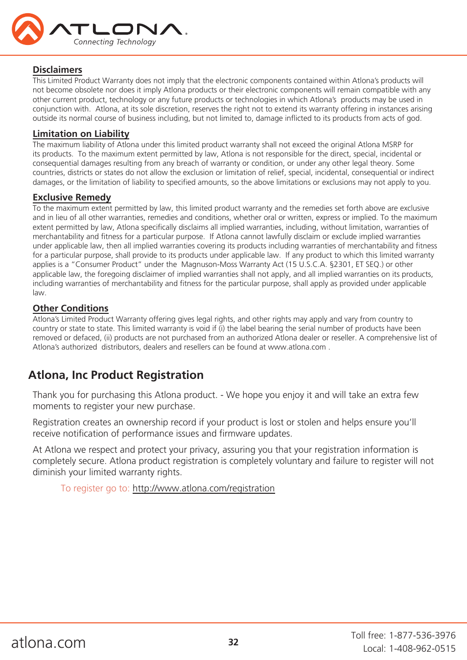 Atlona, inc product registration | Atlona AT UHD CLSO 824 User Manual | Page 32 / 32