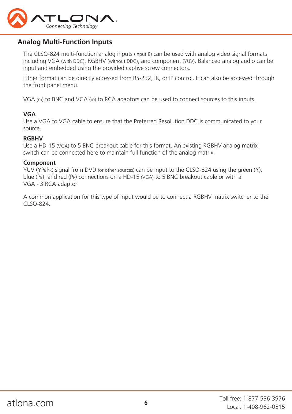 Analog multi-function inputs | Atlona AT UHD CLSO 824 User Manual | Page 6 / 32