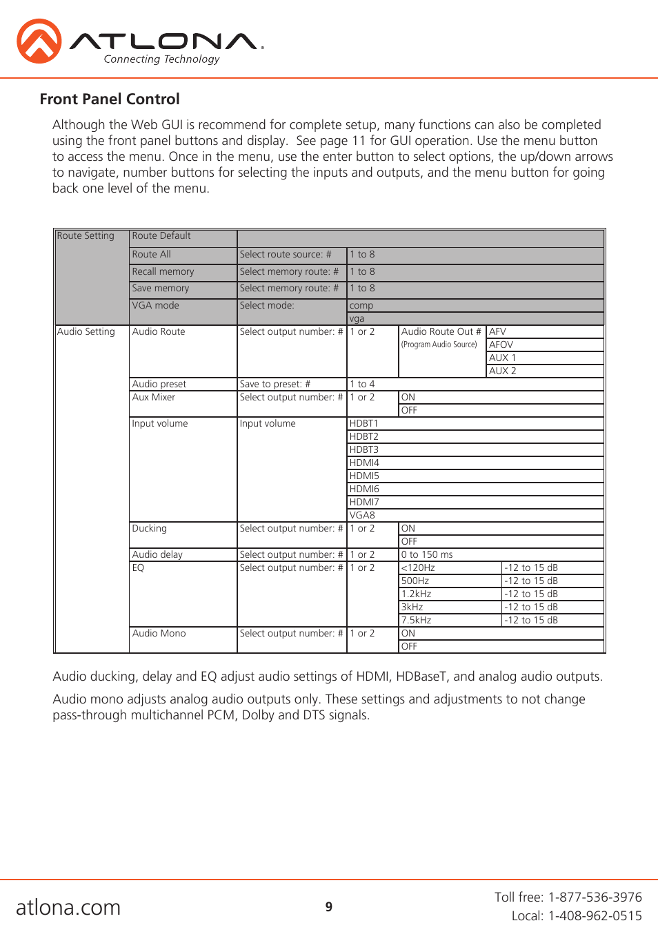 Front panel control | Atlona AT UHD CLSO 824 User Manual | Page 9 / 32