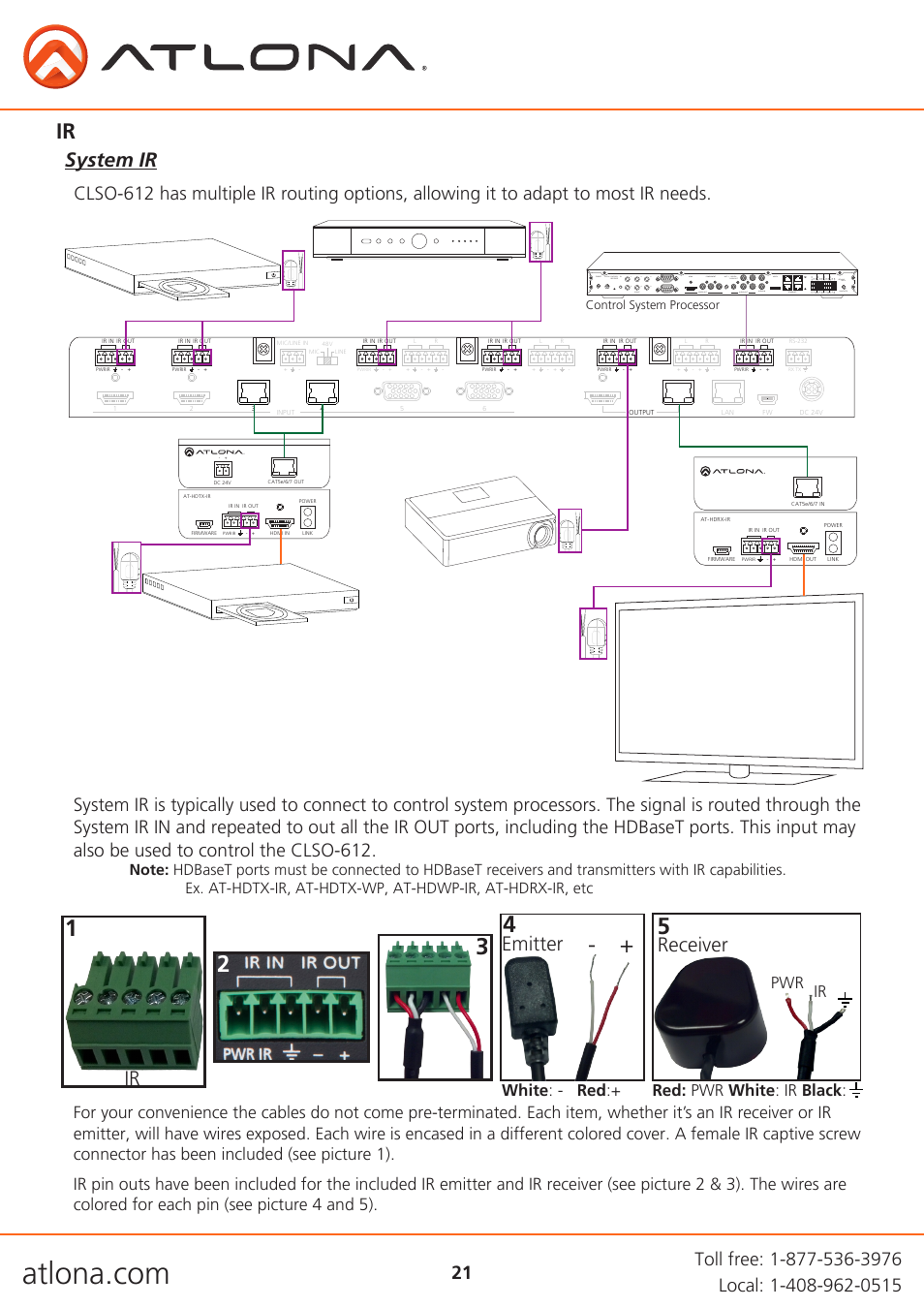System ir, Emitter, Receiver | White : - red :+ red: pwr white : ir black, Pwr ir | Atlona AT UHD CLSO 612 V2 User Manual | Page 21 / 35