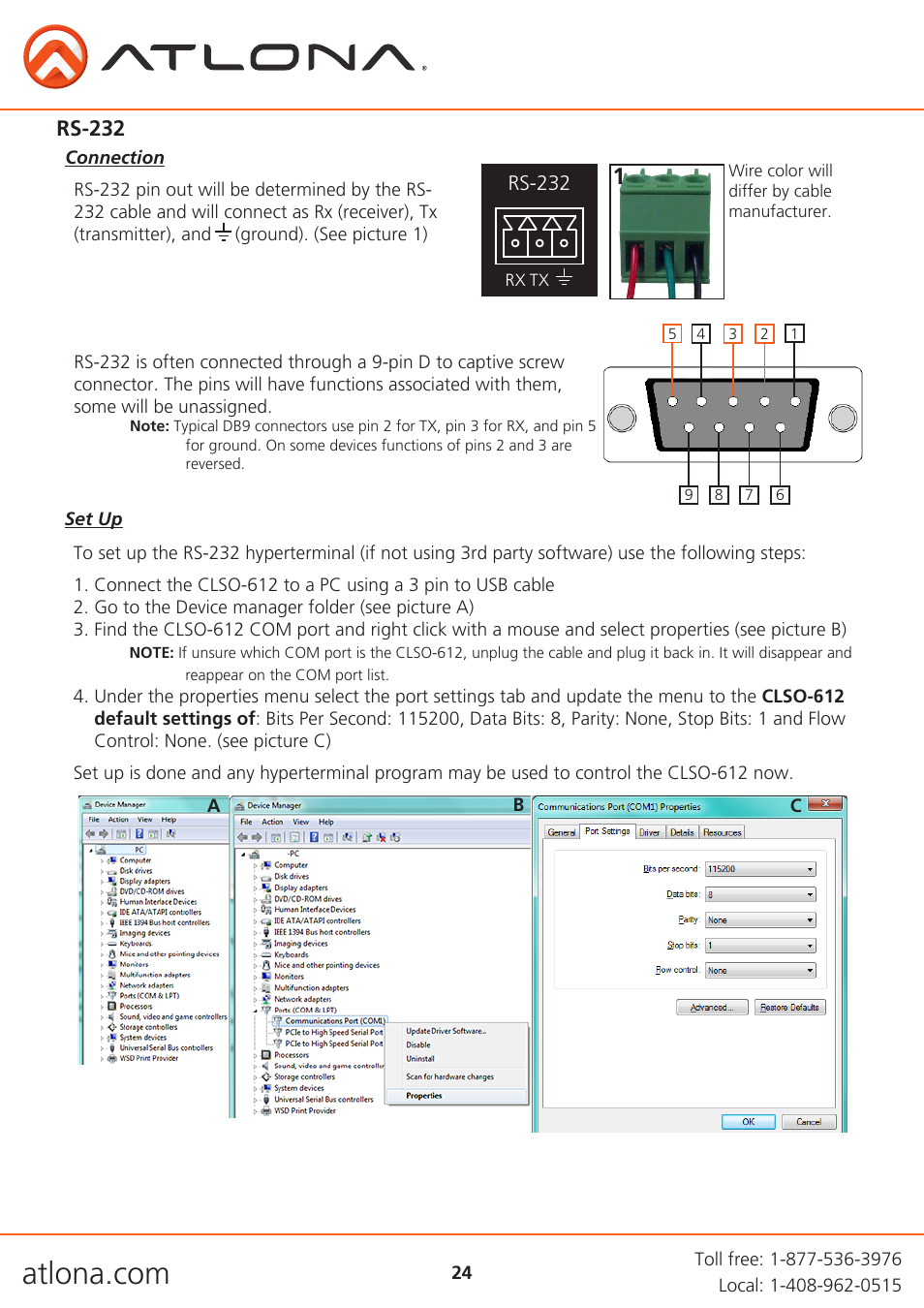 Rs-232 | Atlona AT UHD CLSO 612 V2 User Manual | Page 24 / 35
