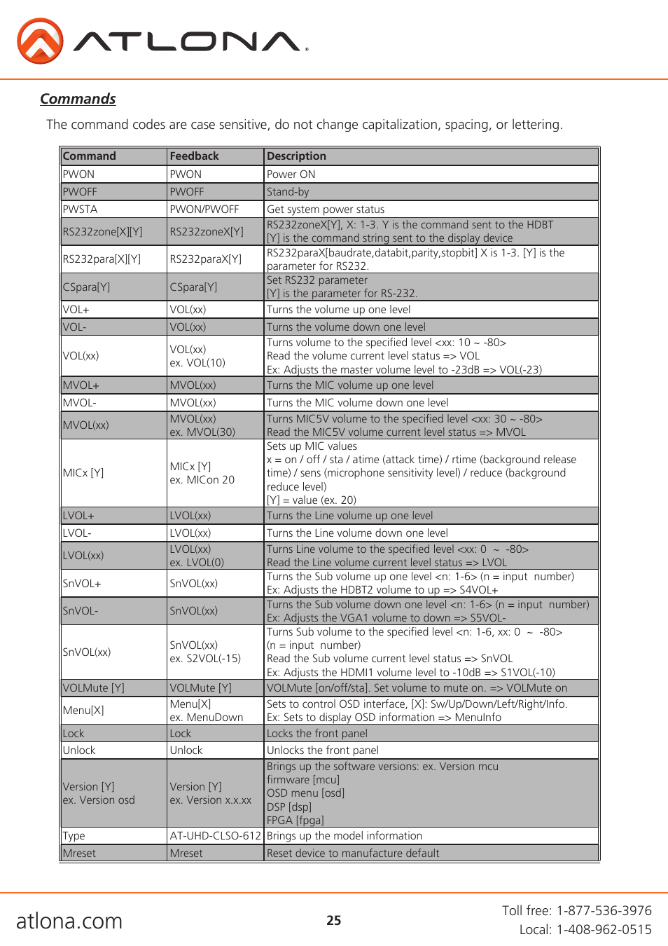 Commands | Atlona AT UHD CLSO 612 V2 User Manual | Page 25 / 35