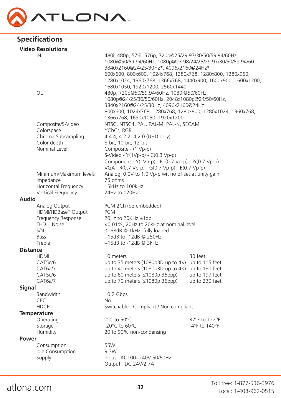 Specifications | Atlona AT UHD CLSO 612 V2 User Manual | Page 32 / 35