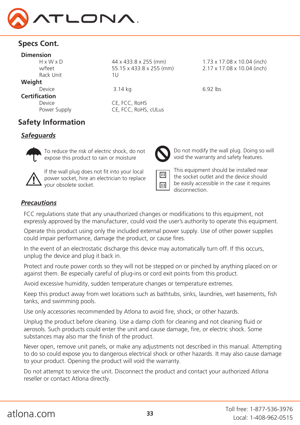 Safety information, Specs cont | Atlona AT UHD CLSO 612 V2 User Manual | Page 33 / 35