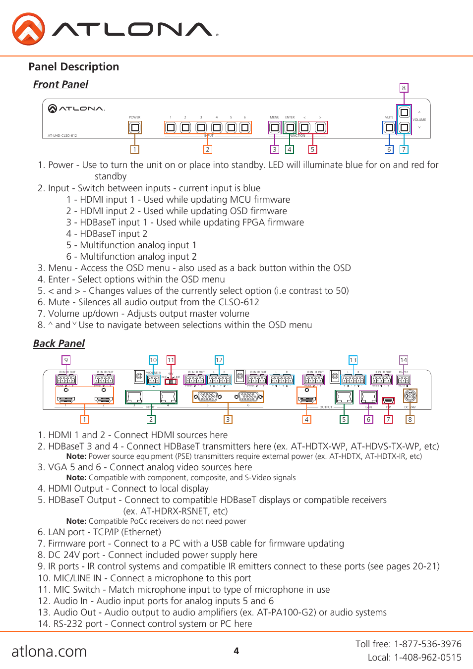 Panel description, Front panel, Back panel | Vga 5 and 6 - connect analog video sources here | Atlona AT UHD CLSO 612 V2 User Manual | Page 4 / 35