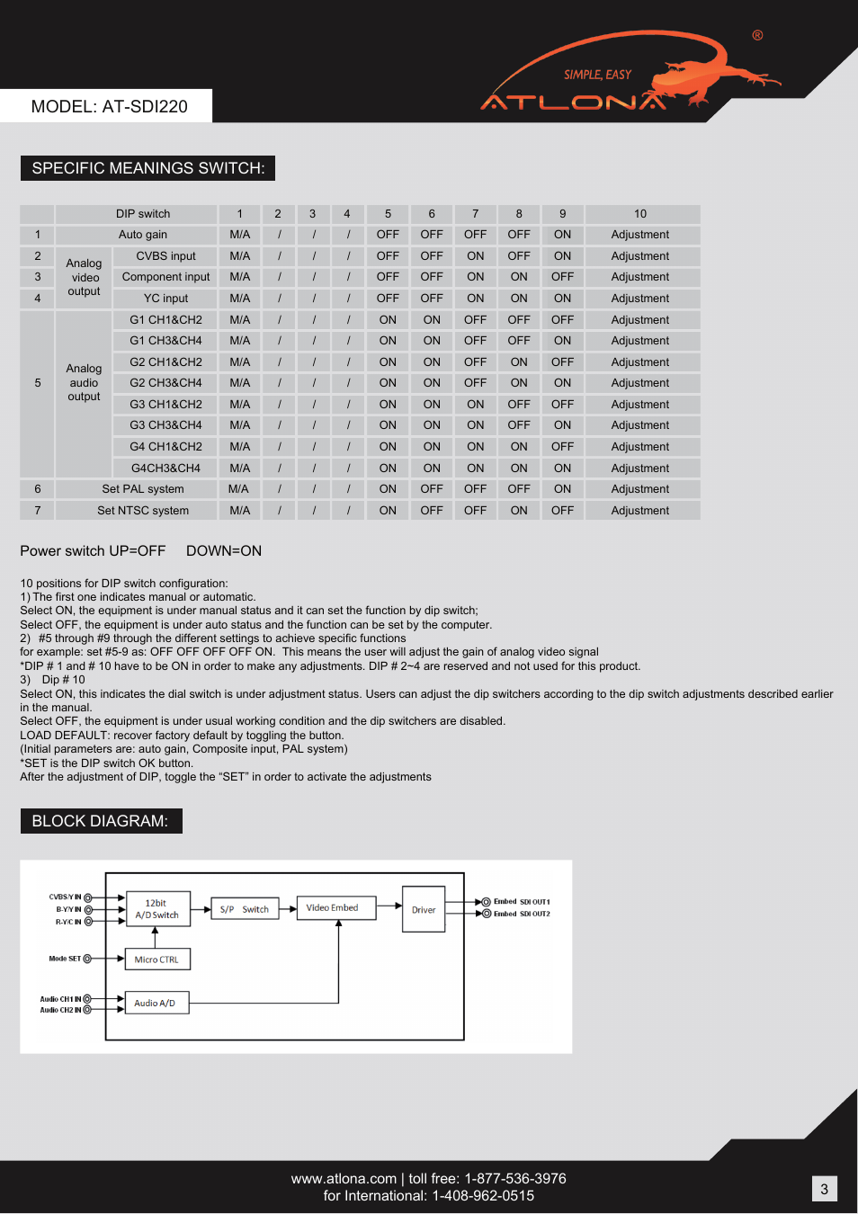 Model: at-sdi220, Specific meanings switch: block diagram, Power switch up=off down=on | Atlona AT SDI220 User Manual | Page 5 / 6