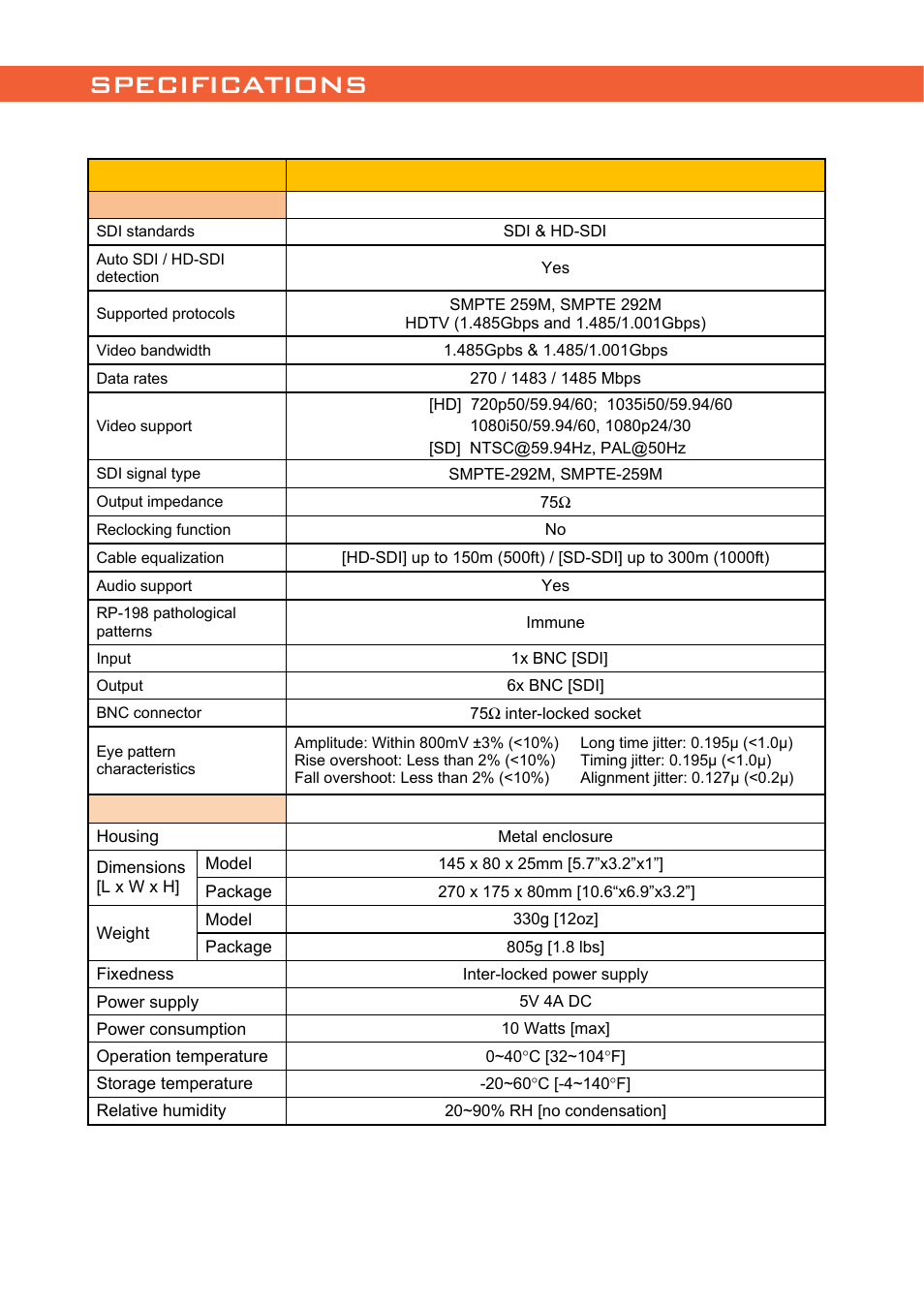 Specifications, Model name at-sdi-16 | Atlona AT SDI 16 User Manual | Page 4 / 9