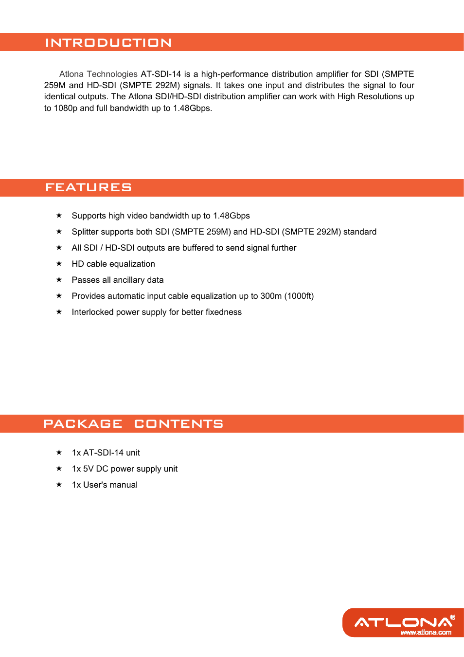 Introduction features package contents | Atlona AT SDI 14 User Manual | Page 3 / 9