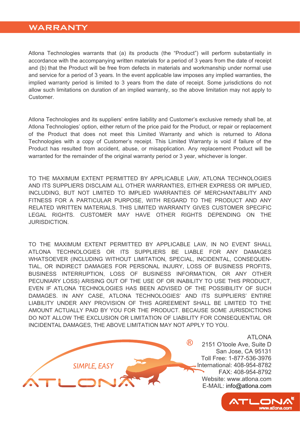 Warranty | Atlona AT SDI 14 User Manual | Page 8 / 9