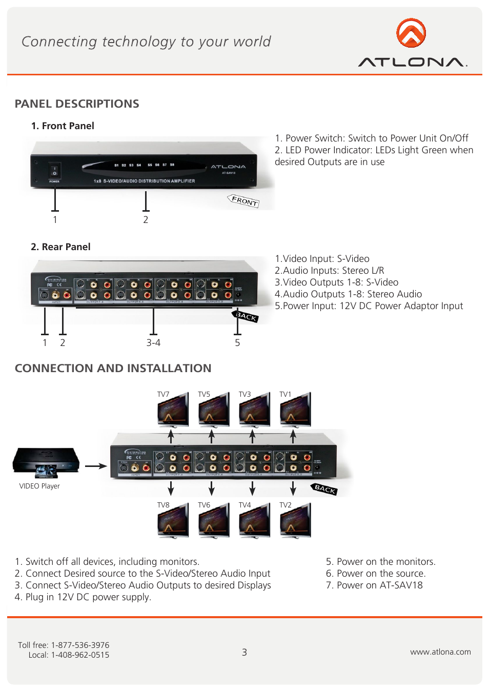 Panel descriptions connection and installation | Atlona AT SAV18 User Manual | Page 4 / 7
