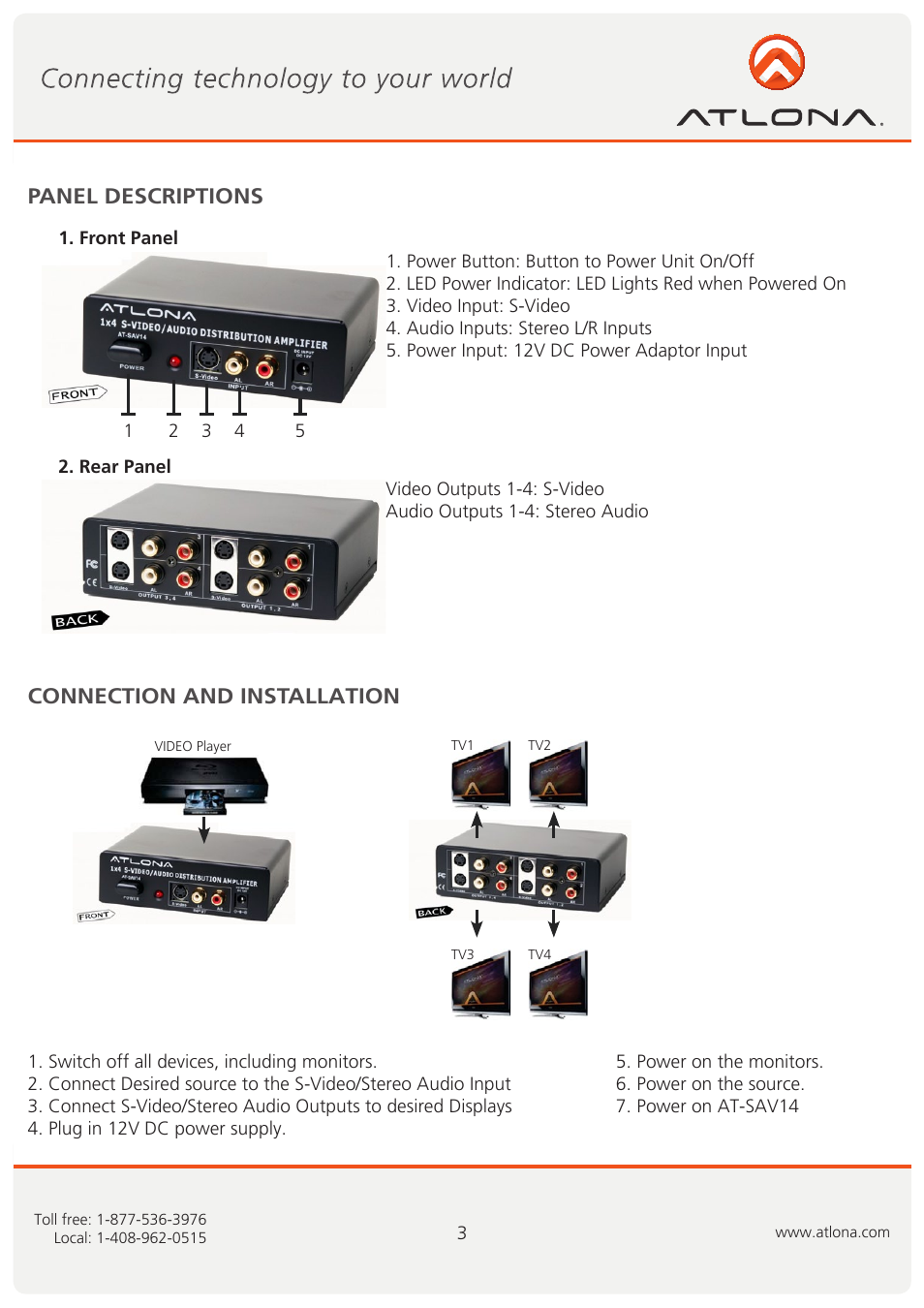 Panel descriptions connection and installation | Atlona AT SAV14 User Manual | Page 4 / 7