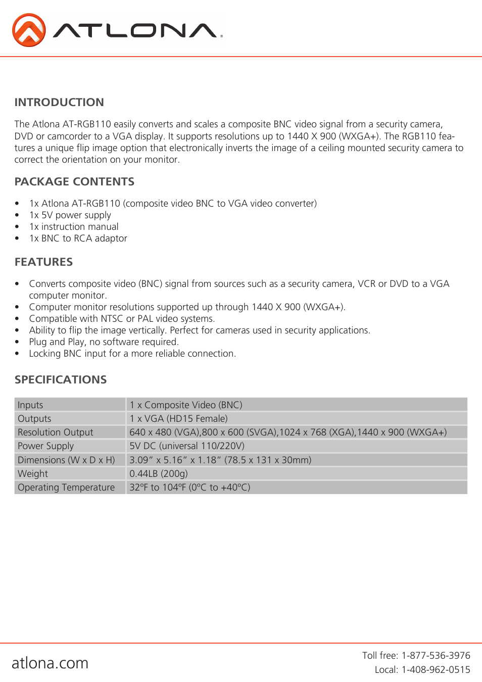 Atlona AT RGB110 User Manual | Page 3 / 8
