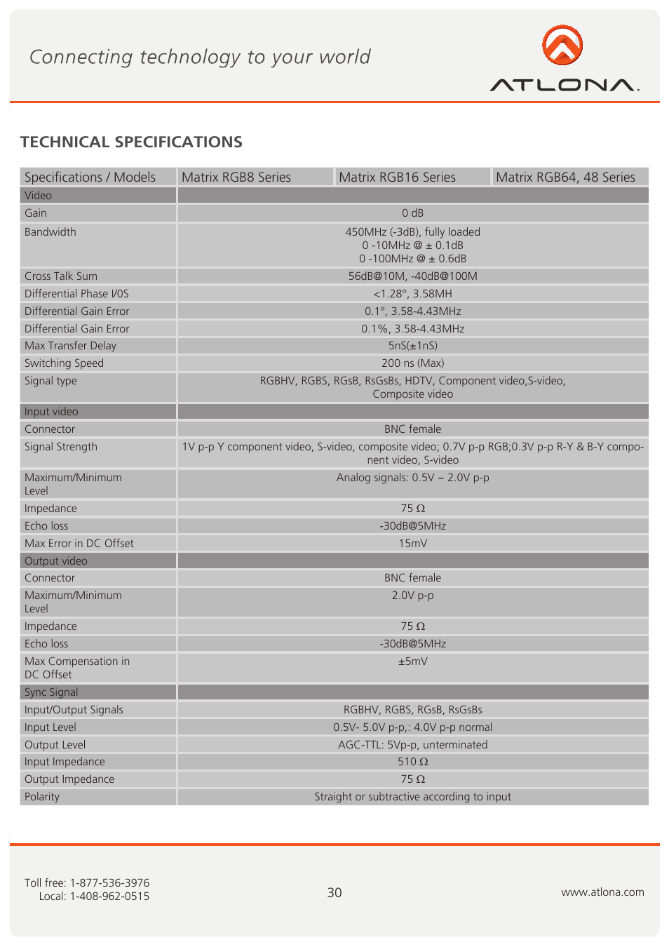 Technical specifications | Atlona AT RGB MATRIX User Manual | Page 31 / 36