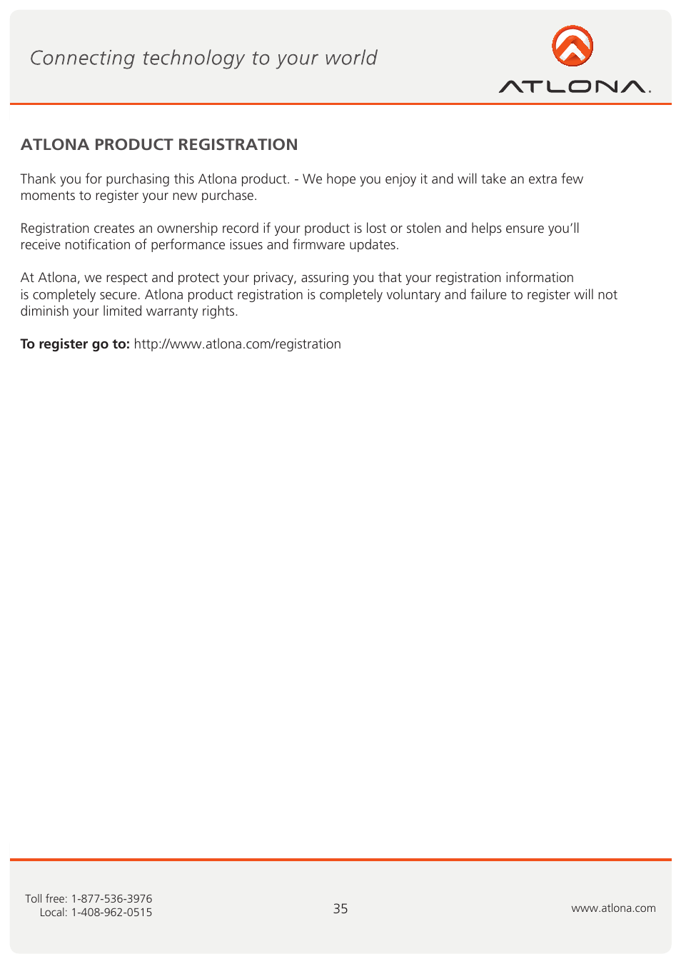 Atlona product registration | Atlona AT RGB MATRIX User Manual | Page 36 / 36