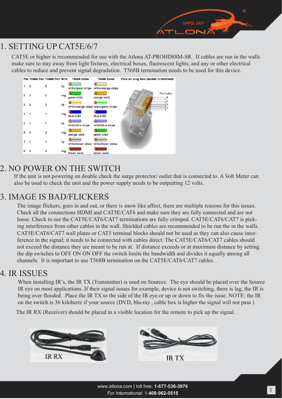 Setting up cat5e/6/7 2. no power on the switch, Image is bad/flickers 4. ir issues | Atlona AT PROHD88M SR User Manual | Page 3 / 12