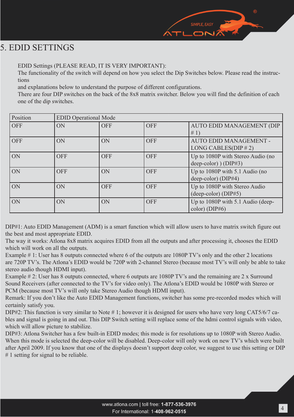 Edid settings | Atlona AT PROHD88M SR User Manual | Page 4 / 12
