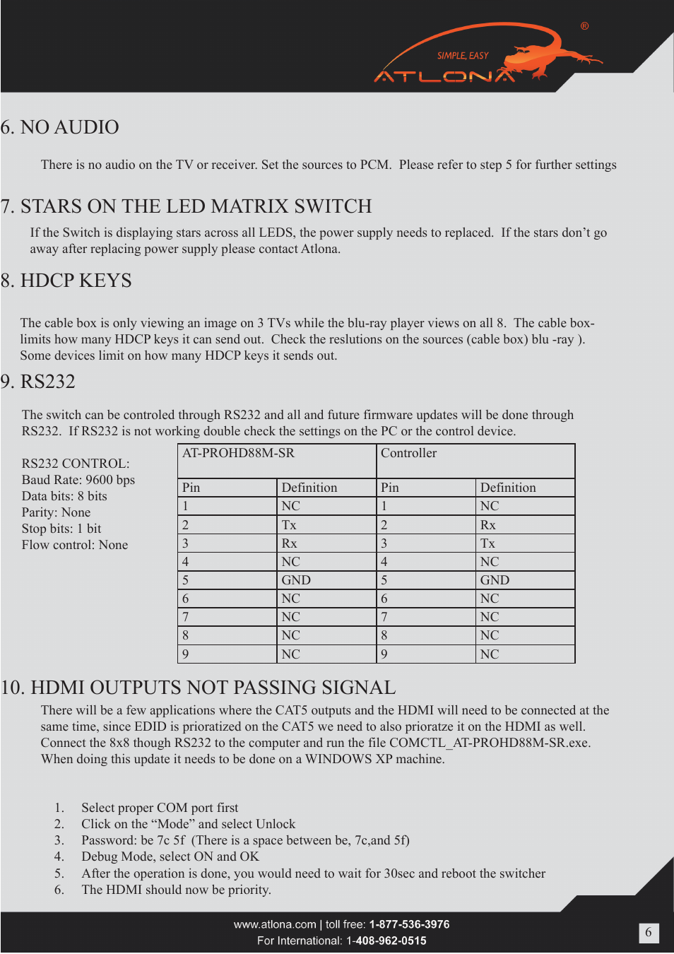 Atlona AT PROHD88M SR User Manual | Page 6 / 12