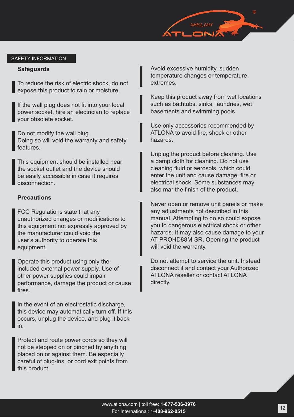 Atlona AT PROHD88M SR User Manual | Page 12 / 14