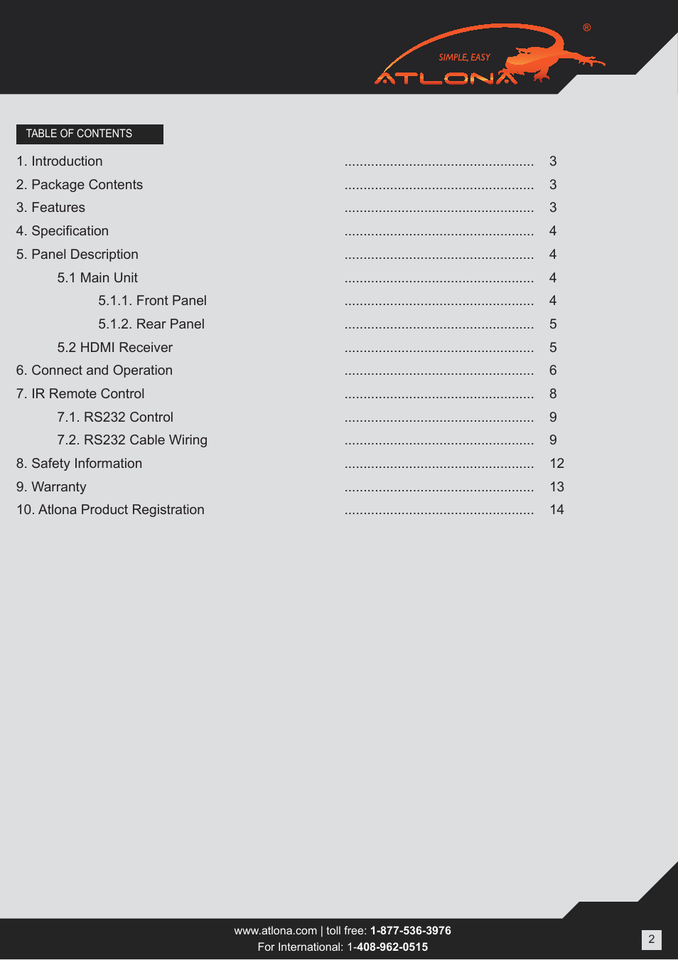 Atlona AT PROHD88M SR User Manual | Page 2 / 14