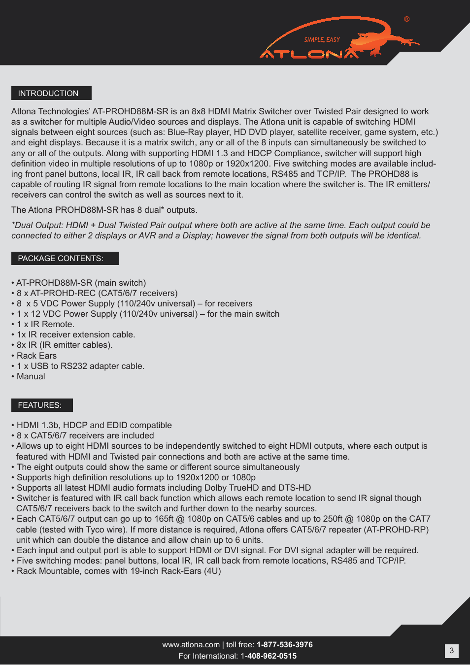 Atlona AT PROHD88M SR User Manual | Page 3 / 14