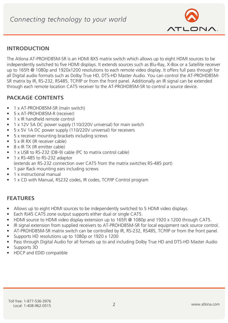 Atlona AT PROHD85M SR User Manual | Page 3 / 16