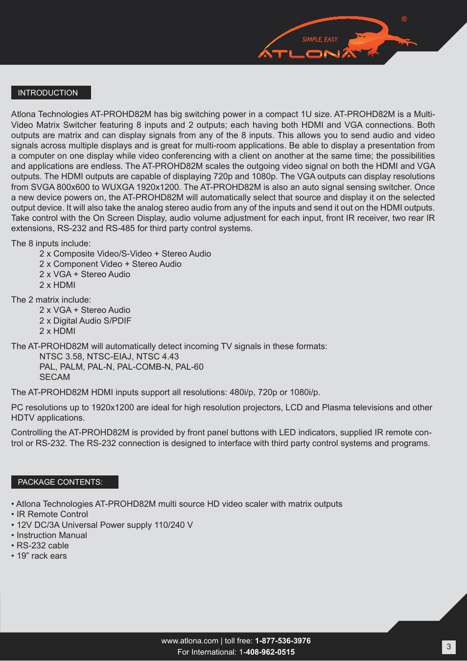 Atlona AT PROHD82M User Manual | Page 3 / 12