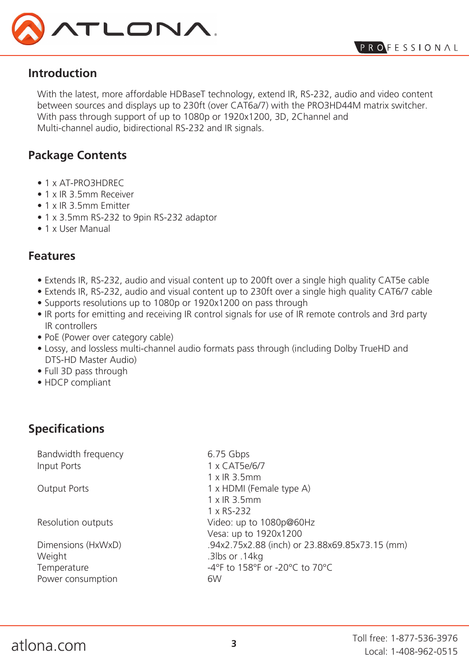 Introduction, Package contents features, Specifications | Atlona AT PRO3HDREC User Manual | Page 3 / 9