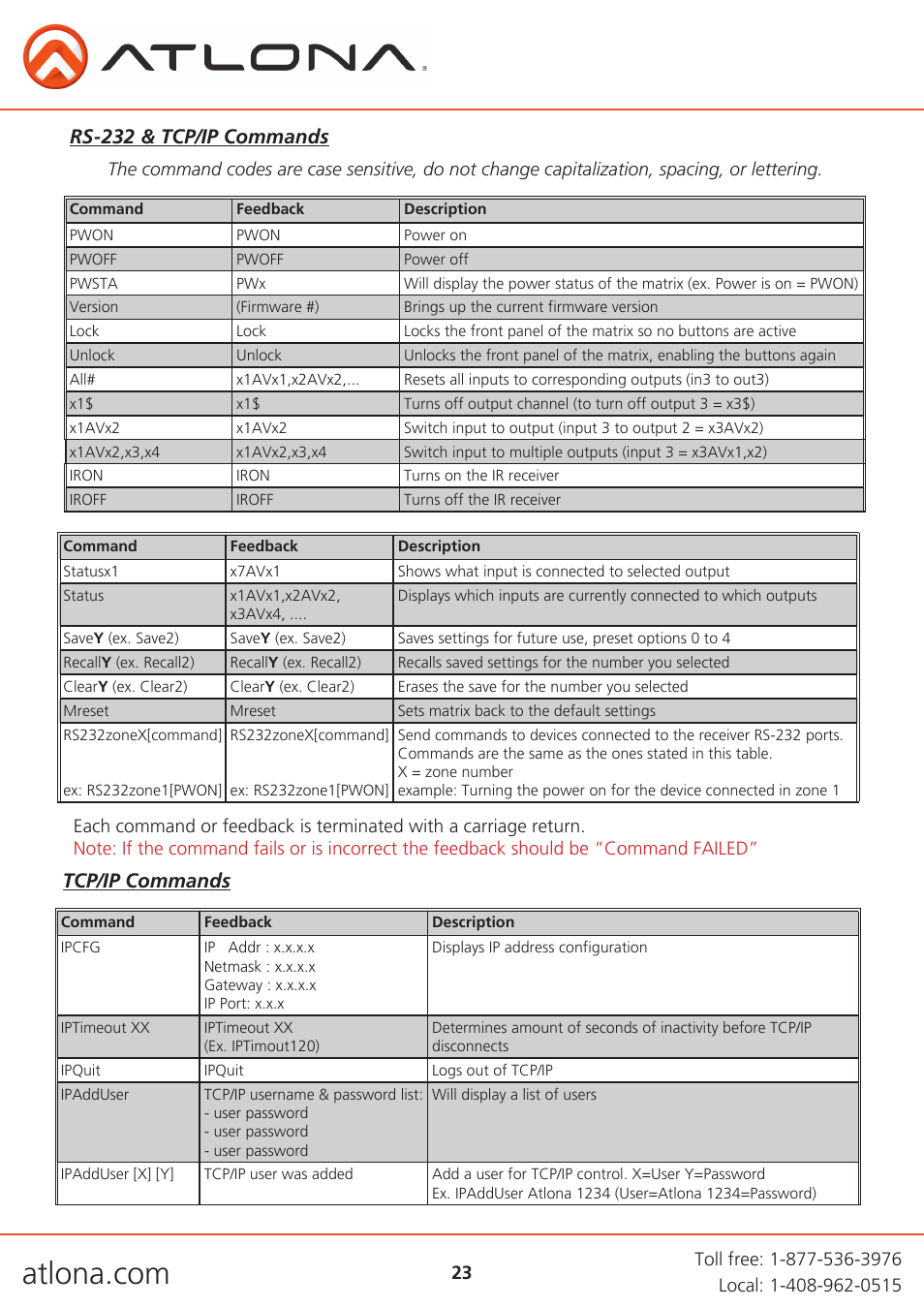 Tcp/ip commands rs-232 & tcp/ip commands | Atlona AT PRO3HD66M User Manual | Page 23 / 30