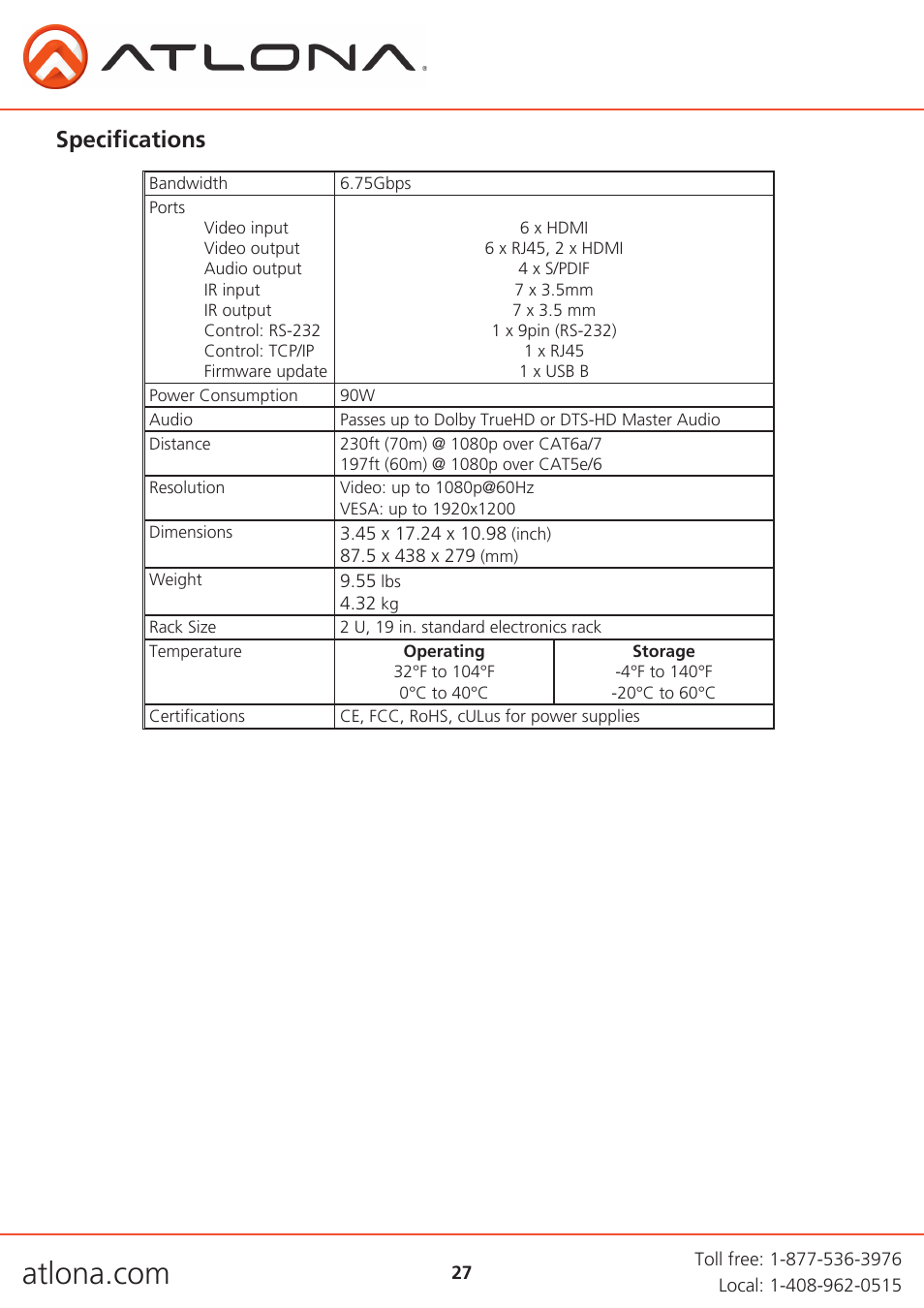 Specifications | Atlona AT PRO3HD66M User Manual | Page 27 / 30