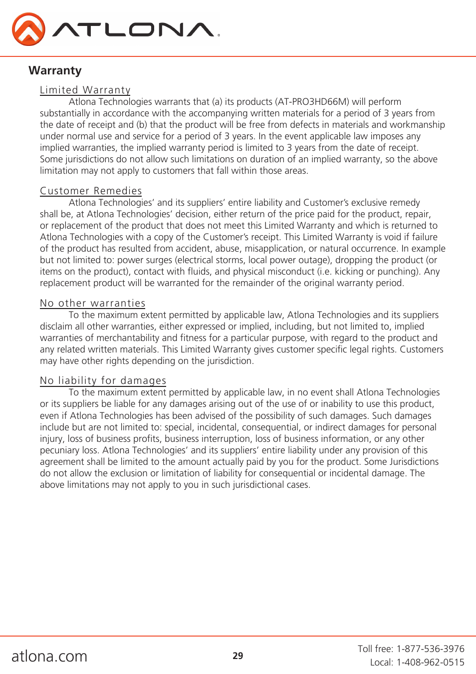 Warranty | Atlona AT PRO3HD66M User Manual | Page 29 / 30