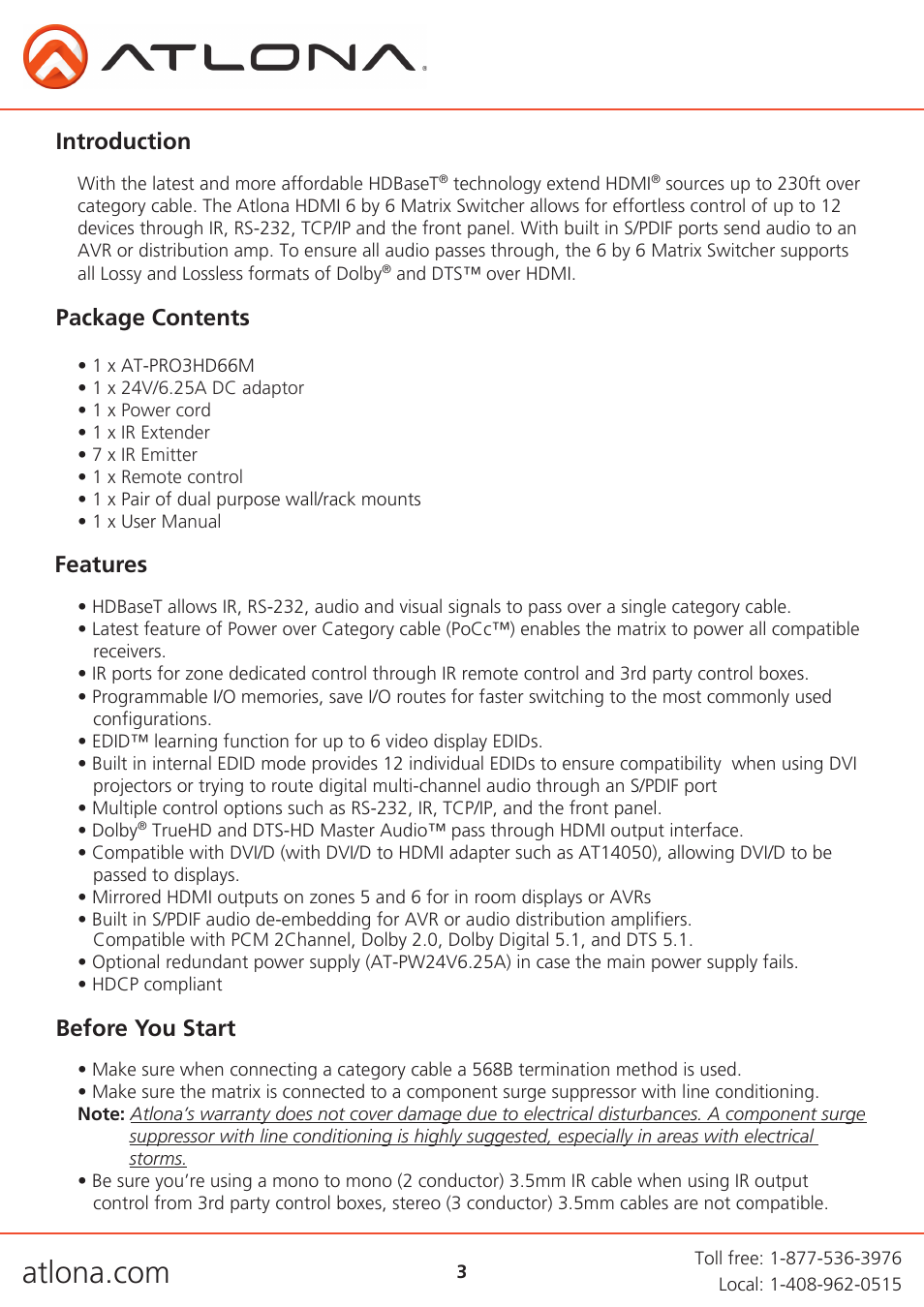Introduction, Package contents features, Before you start | Atlona AT PRO3HD66M User Manual | Page 3 / 30