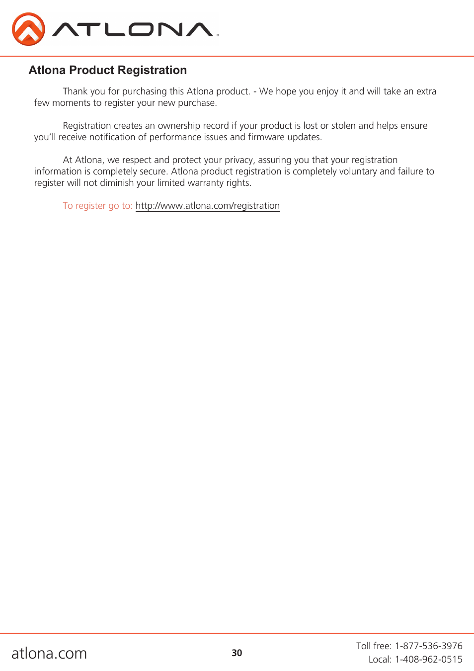 Atlona product registration | Atlona AT PRO3HD66M User Manual | Page 30 / 30