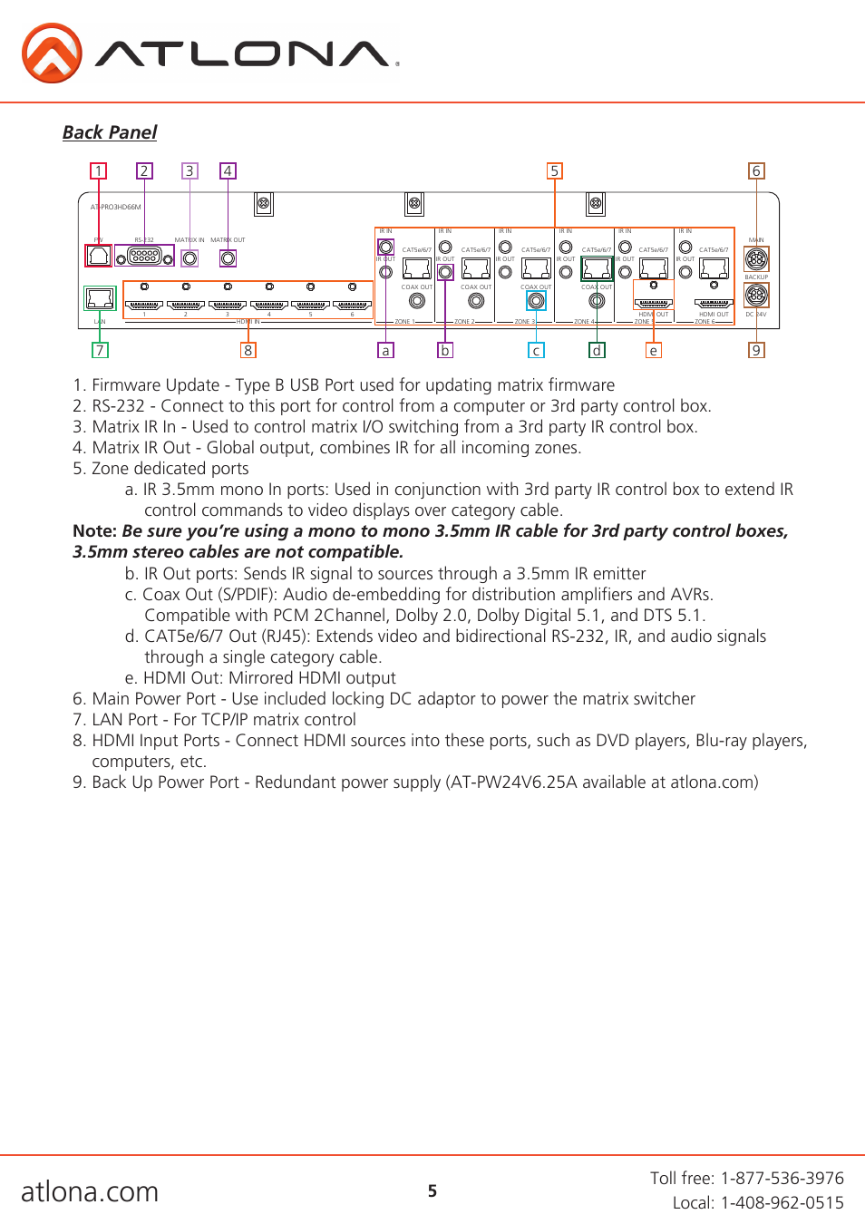 Back panel | Atlona AT PRO3HD66M User Manual | Page 5 / 30