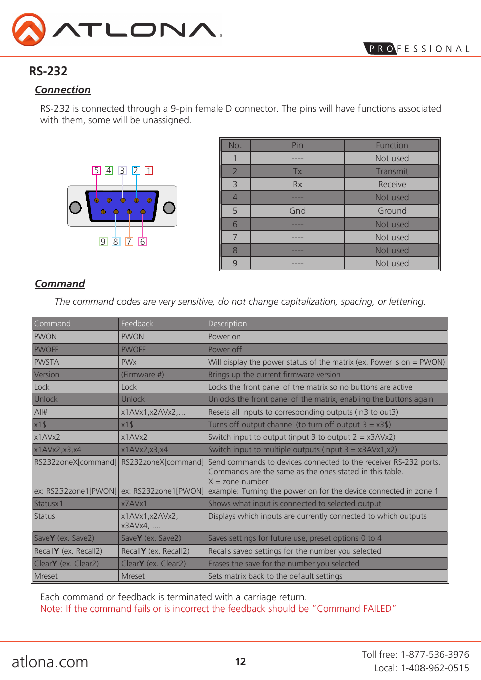 Rs-232 | Atlona AT PRO3HD44M User Manual | Page 12 / 18