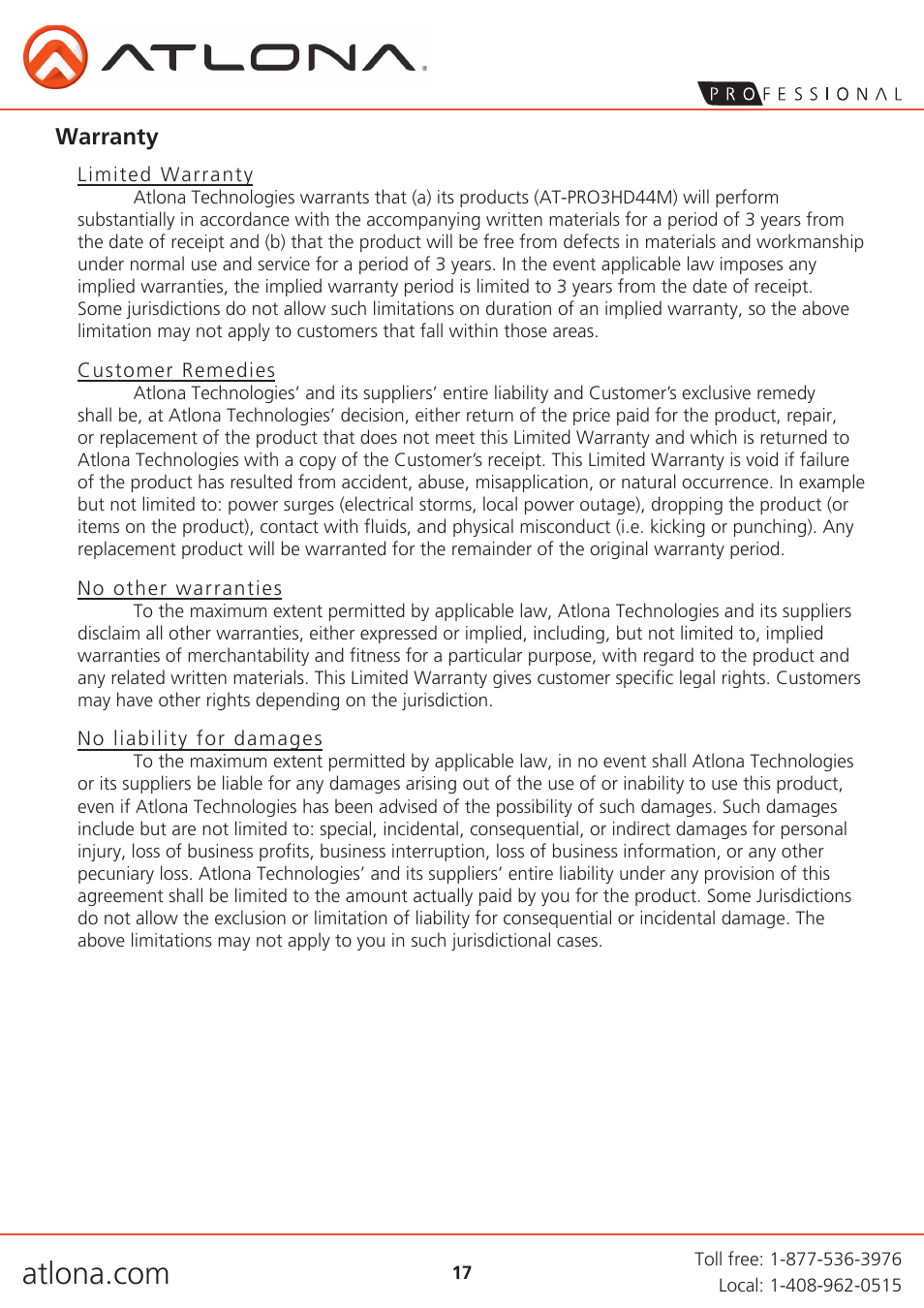 Warranty | Atlona AT PRO3HD44M User Manual | Page 17 / 18