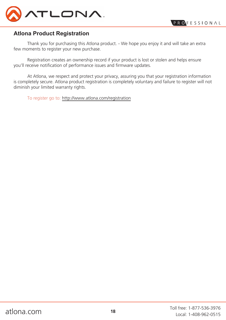 Atlona product registration | Atlona AT PRO3HD44M User Manual | Page 18 / 18