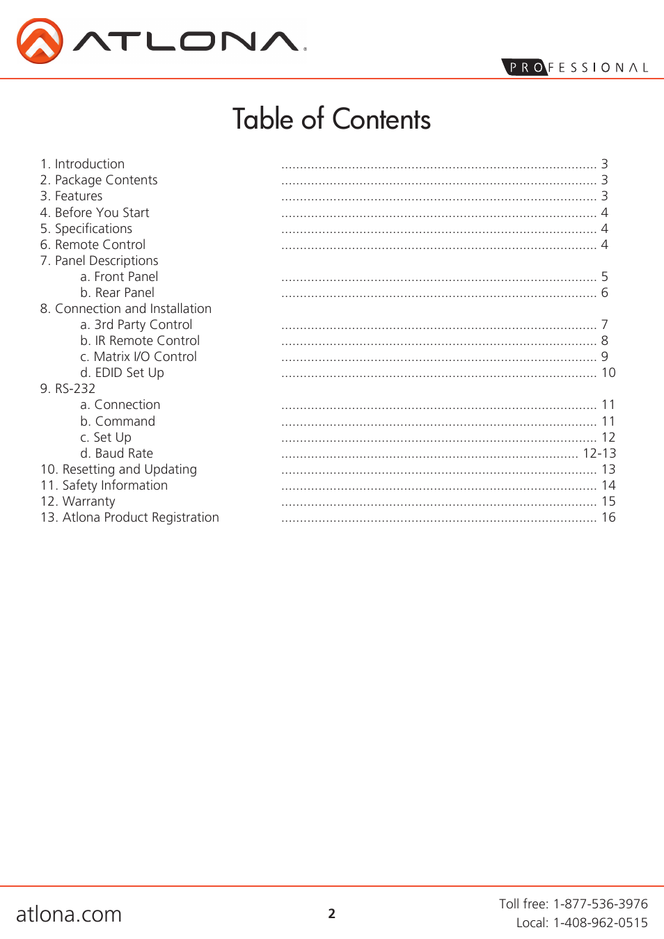 Atlona AT PRO3HD44M User Manual | Page 2 / 18