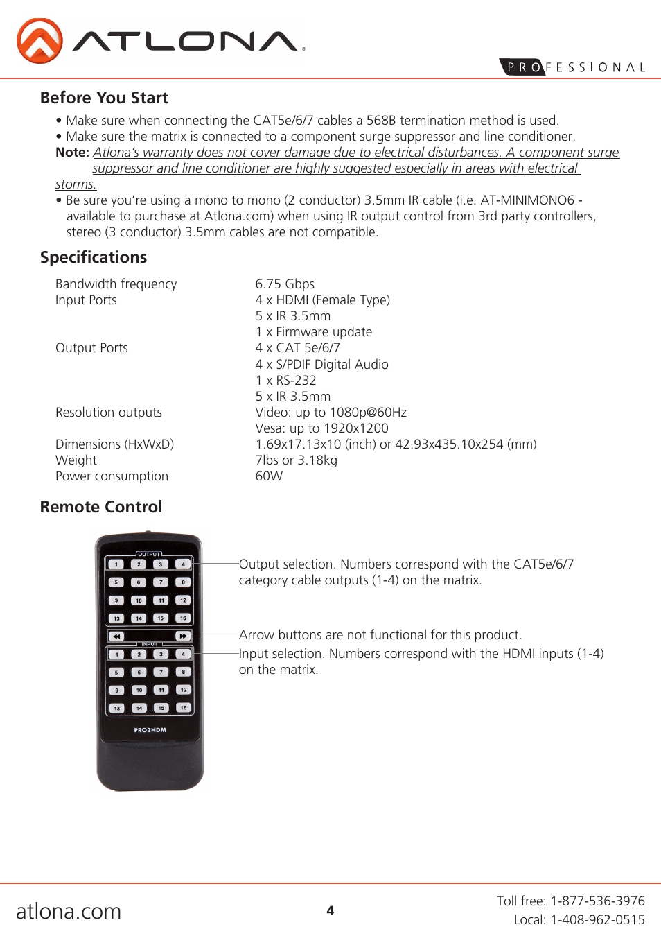 Specifications before you start remote control | Atlona AT PRO3HD44M User Manual | Page 4 / 18
