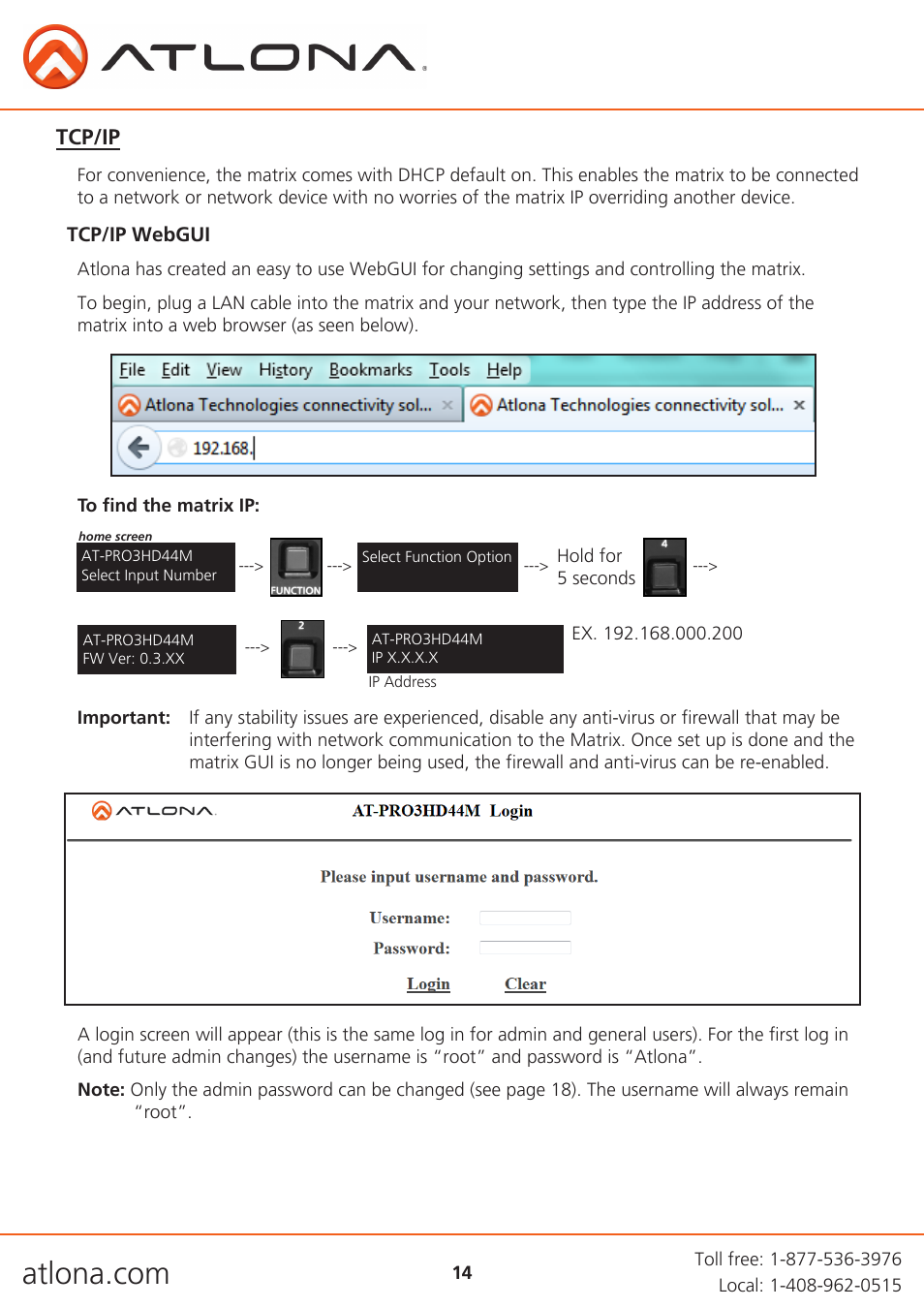 Tcp/ip | Atlona AT PRO3HD44M V3 User Manual | Page 14 / 29