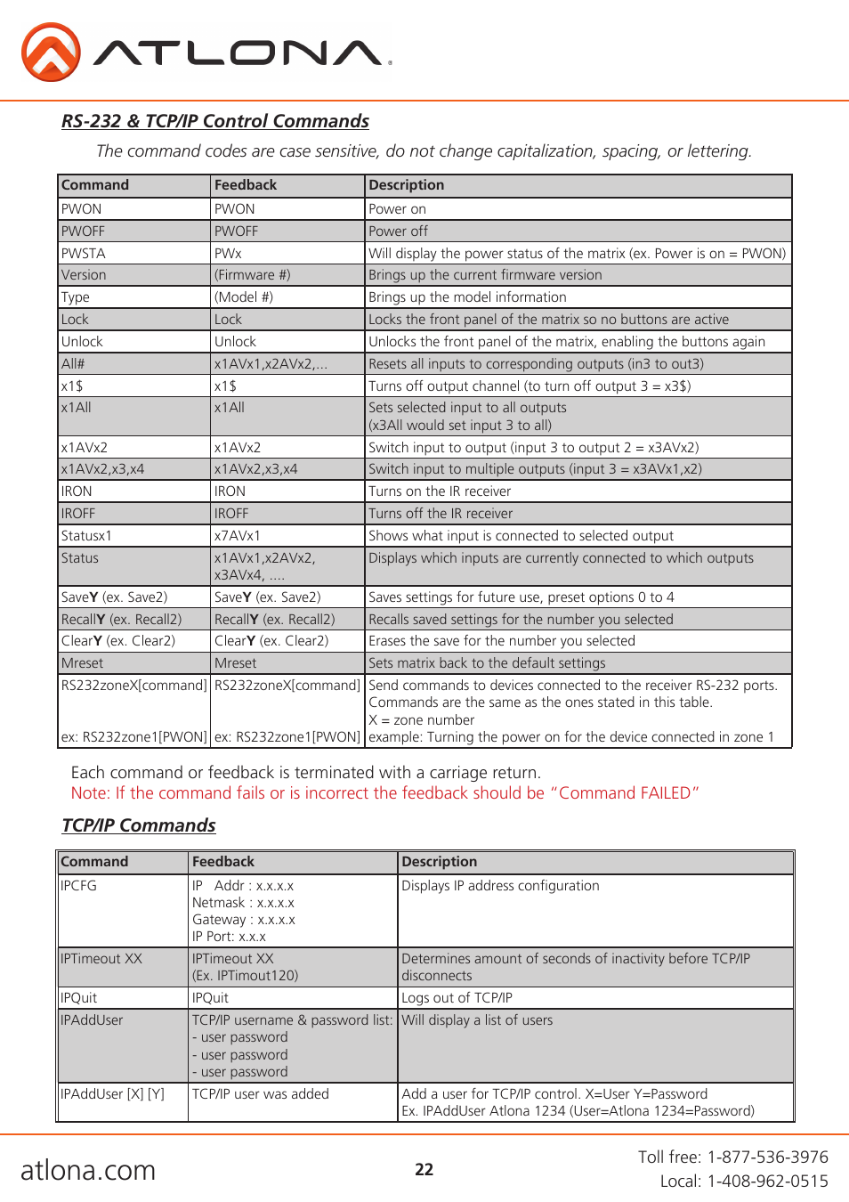 Tcp/ip commands rs-232 & tcp/ip control commands | Atlona AT PRO3HD44M V3 User Manual | Page 22 / 29