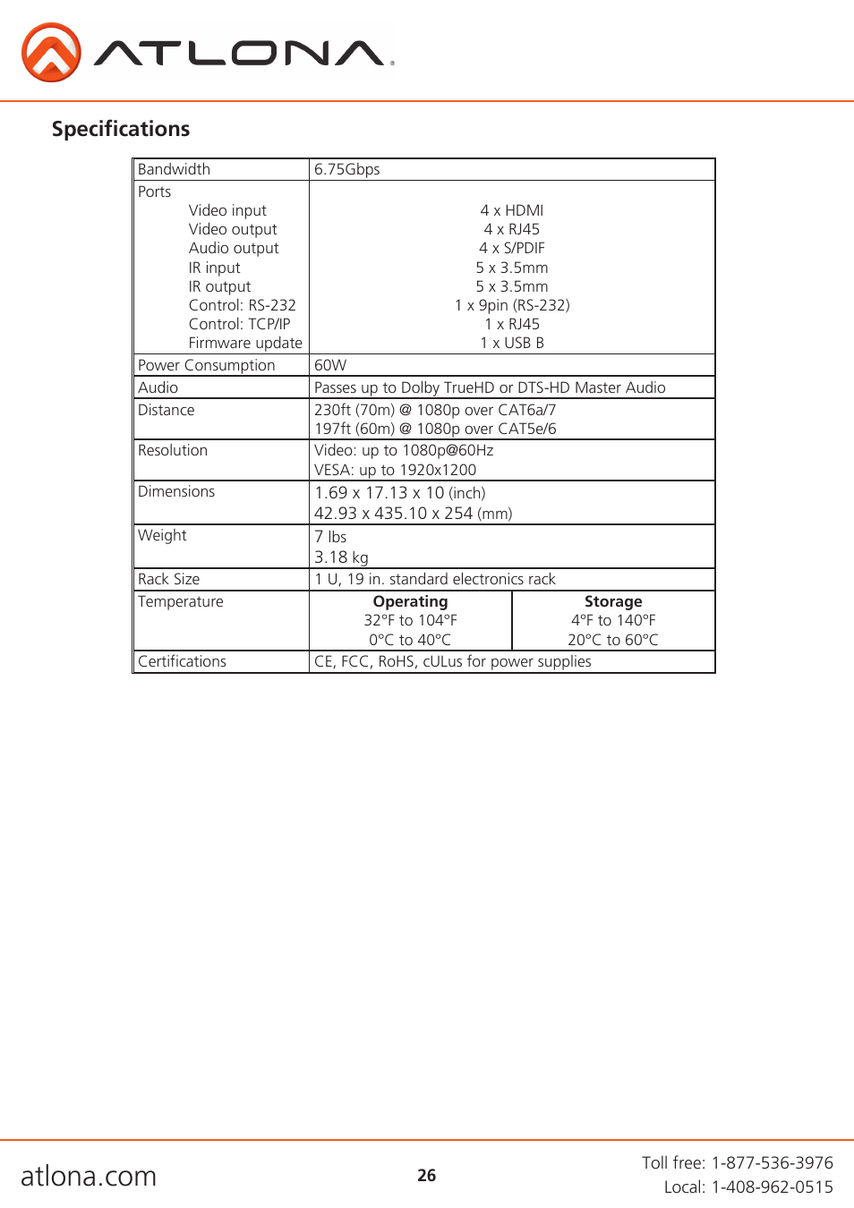 Specifications | Atlona AT PRO3HD44M V3 User Manual | Page 26 / 29
