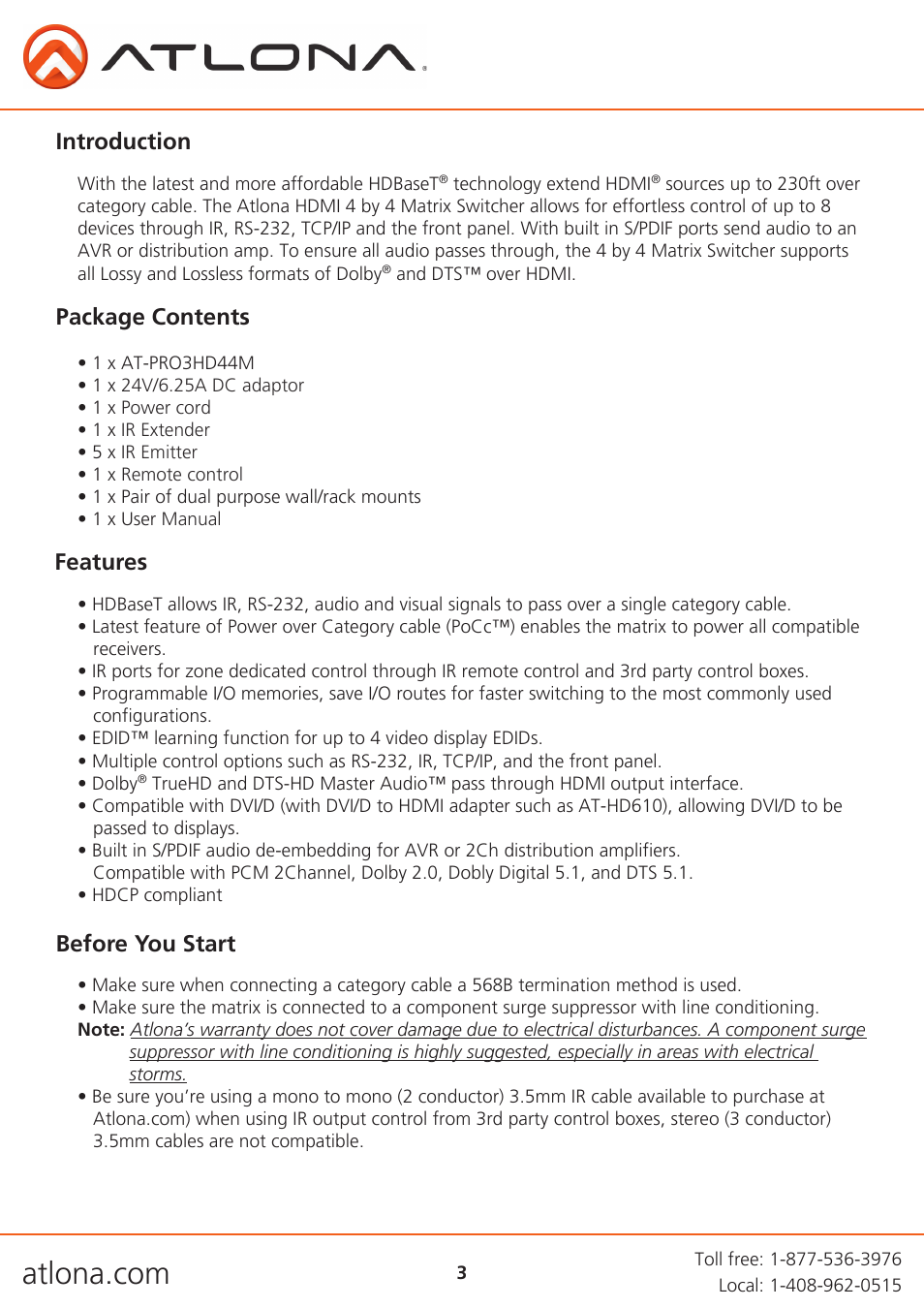 Introduction, Package contents features, Before you start | Atlona AT PRO3HD44M V3 User Manual | Page 3 / 29