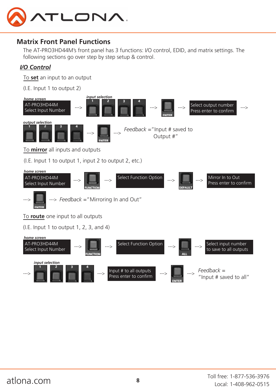 Matrix front panel functions | Atlona AT PRO3HD44M V3 User Manual | Page 8 / 29