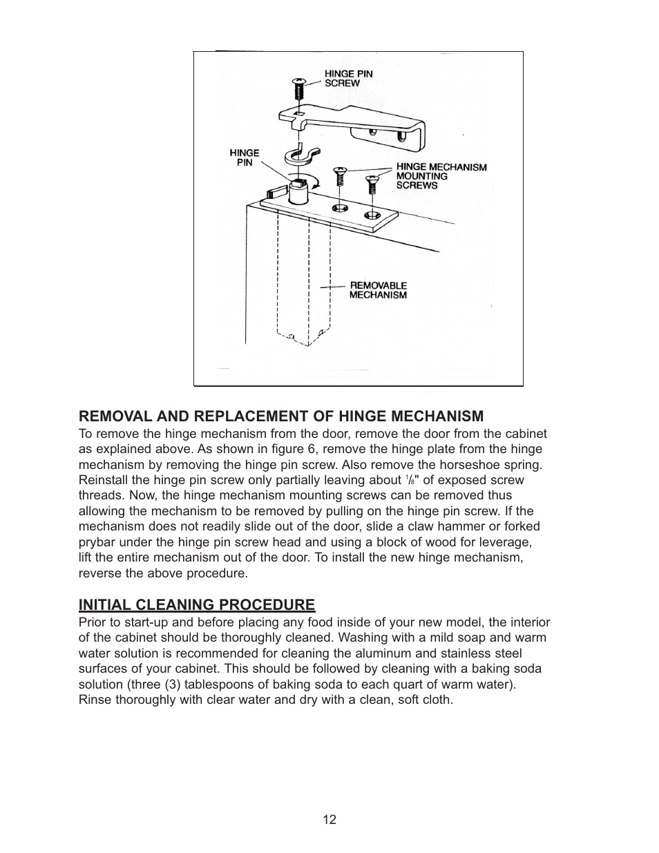 Removal and replacement of hinge mechanism, Initial cleaning procedure | Continental Refrigerator Undercounter Refrigerator and Freezer Pizza Preparation Table User Manual | Page 12 / 33