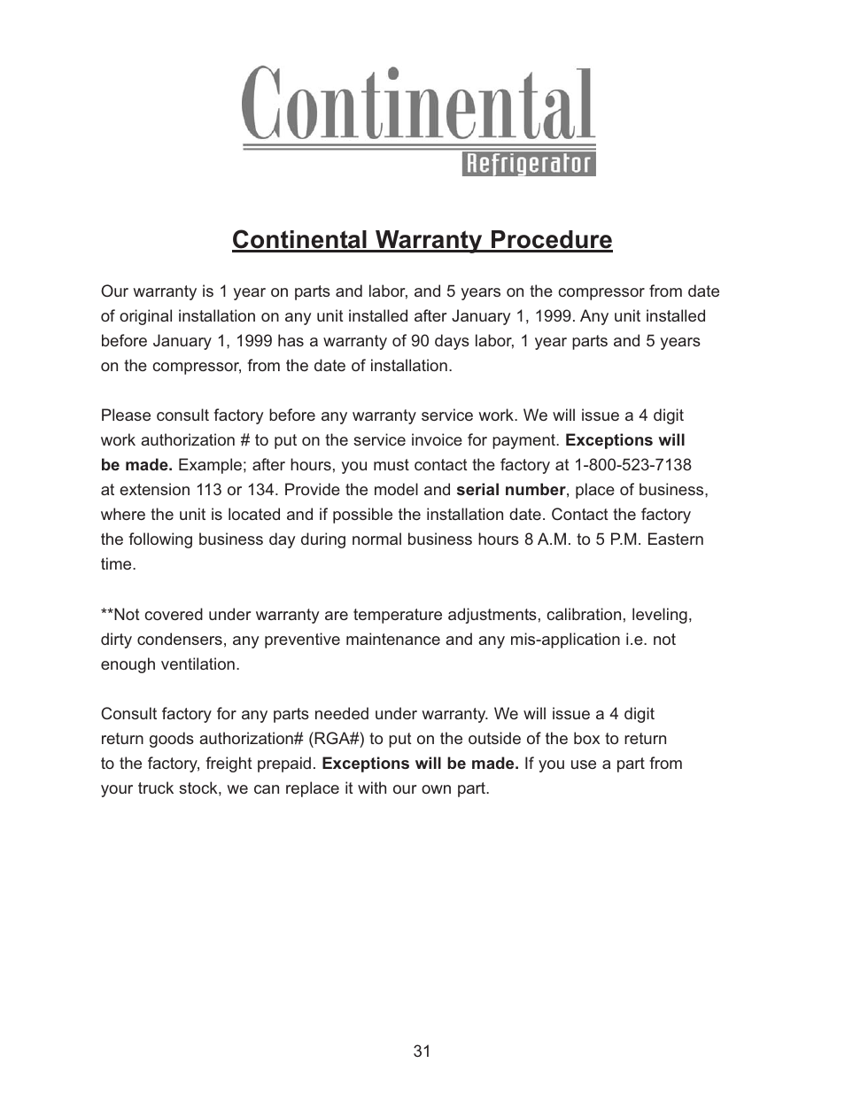 Continental warranty procedure | Continental Refrigerator Undercounter Refrigerator and Freezer Pizza Preparation Table User Manual | Page 31 / 33