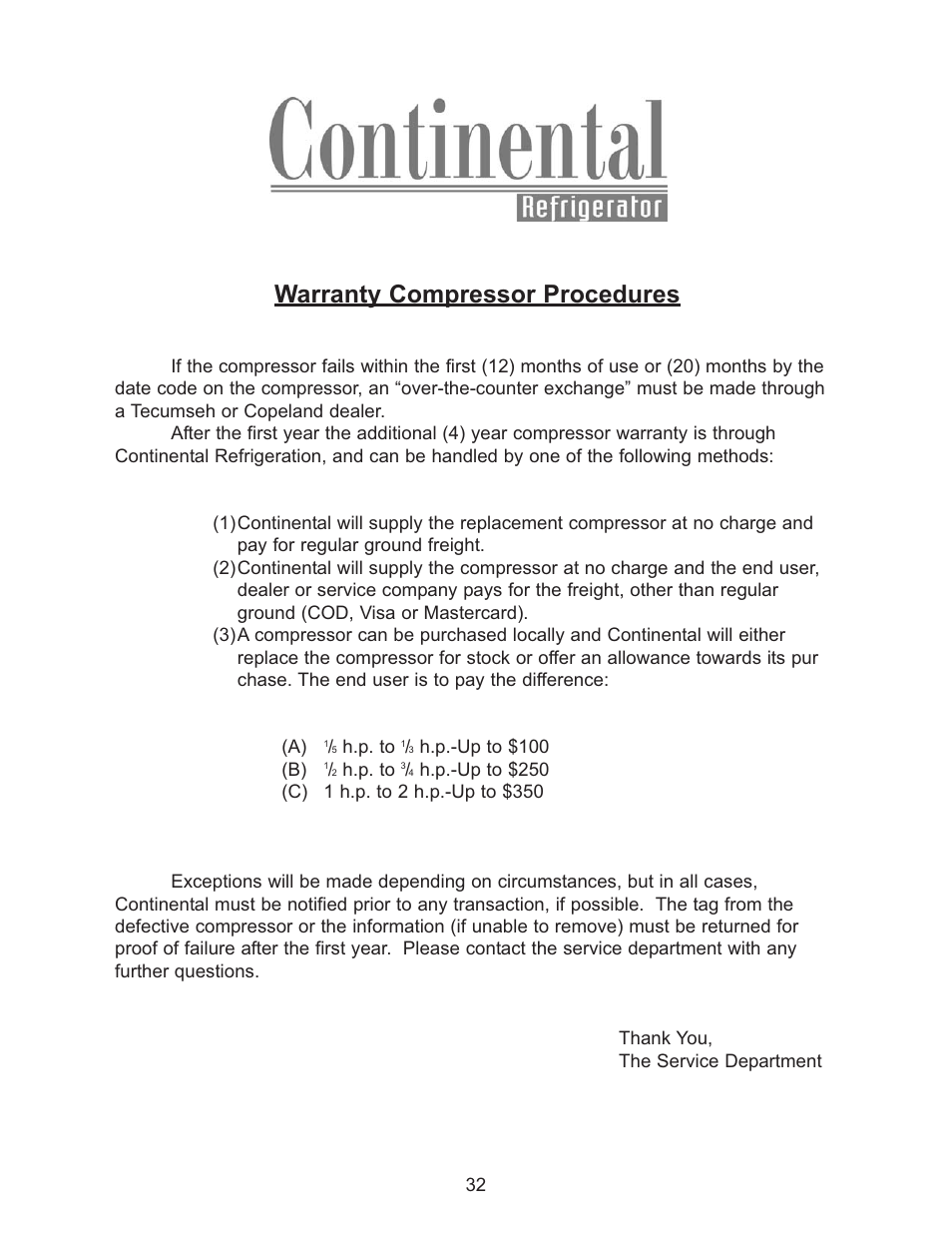 Warranty compressor procedures | Continental Refrigerator Undercounter Refrigerator and Freezer Pizza Preparation Table User Manual | Page 32 / 33