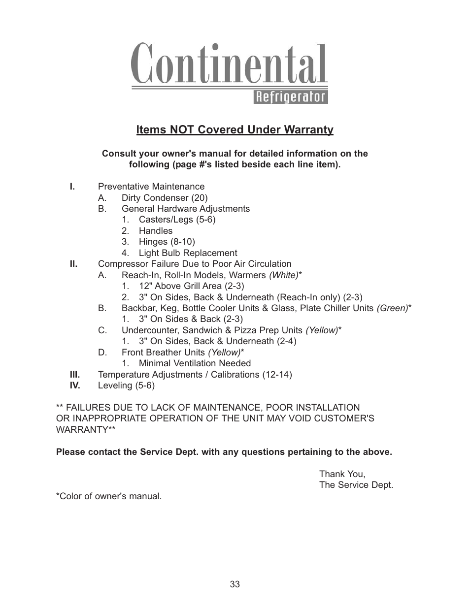 Items not covered under warranty | Continental Refrigerator Undercounter Refrigerator and Freezer Pizza Preparation Table User Manual | Page 33 / 33
