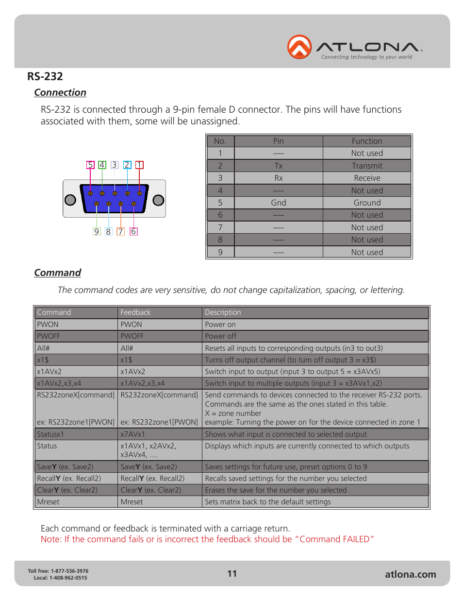 Rs-232, Command | Atlona AT PRO2HD88M User Manual | Page 11 / 17