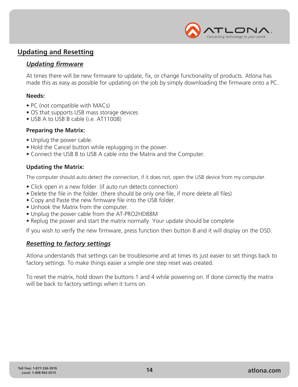 Atlona AT PRO2HD88M User Manual | Page 14 / 17