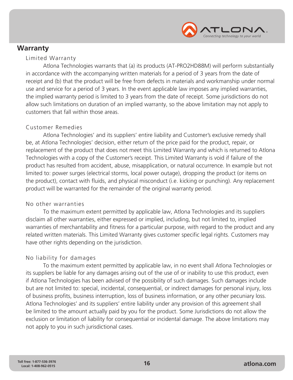 Warranty | Atlona AT PRO2HD88M User Manual | Page 16 / 17